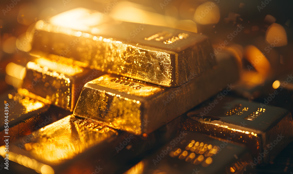 Close-up of gold bars with intricate engravings, reflecting ambient light, symbolizing luxury and stability Close-up of gold bars with intricate engravings, reflecting ambient light, symbolizing luxury and stability