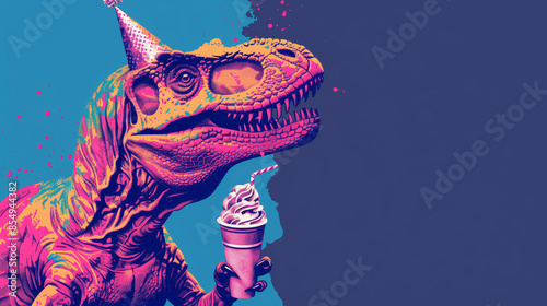 A minimalistic pop art illustration of a T-Rex holding an ice cream cone