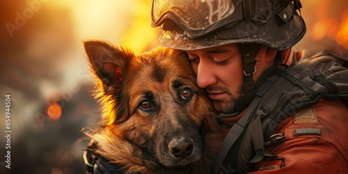 Rescue worker embracing a dog in a touching moment