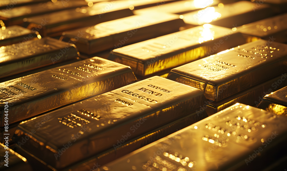 Close-up of gold bars with intricate engravings, reflecting ambient light, symbolizing luxury and stability Close-up of gold bars with intricate engravings, reflecting ambient light, symbolizing luxury and stability