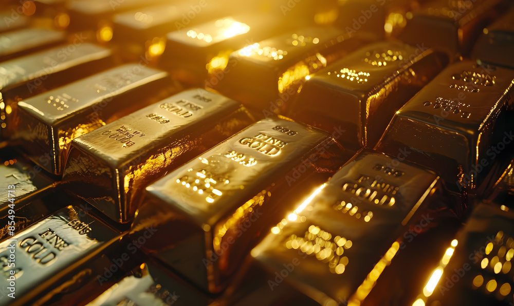 Close-up of gold bars with intricate engravings, reflecting ambient light, symbolizing luxury and stability Close-up of gold bars with intricate engravings, reflecting ambient light, symbolizing luxury and stability