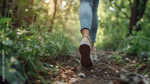 Leisurely walk in nature with a close-up image focusing on female legs as they stroll through a scenic outdoor setting.