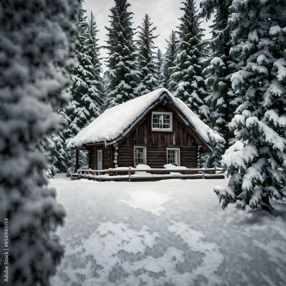 wooden house in the forest. Generative AI wooden house in the forest. Generative AI