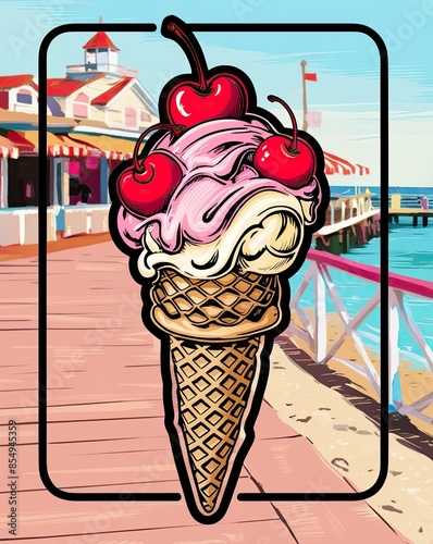 A pink strawberry ice cream cone, a summery treat photo