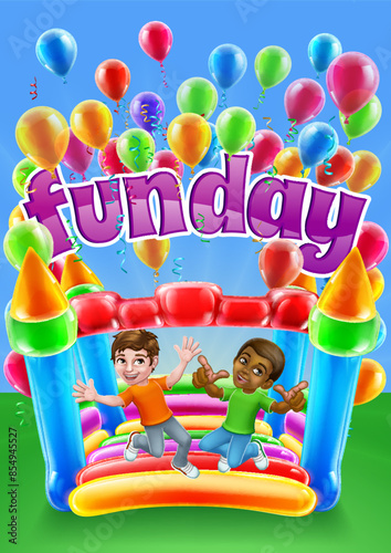 Children jumping and bouncing on a kids bouncy inflatable castle house