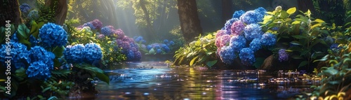 Refreshing garden stream with blue and purple hydrangeas, soft sunlight, tranquil water reflections, lush greenery, serene and vibrant, peaceful and picturesque scene
