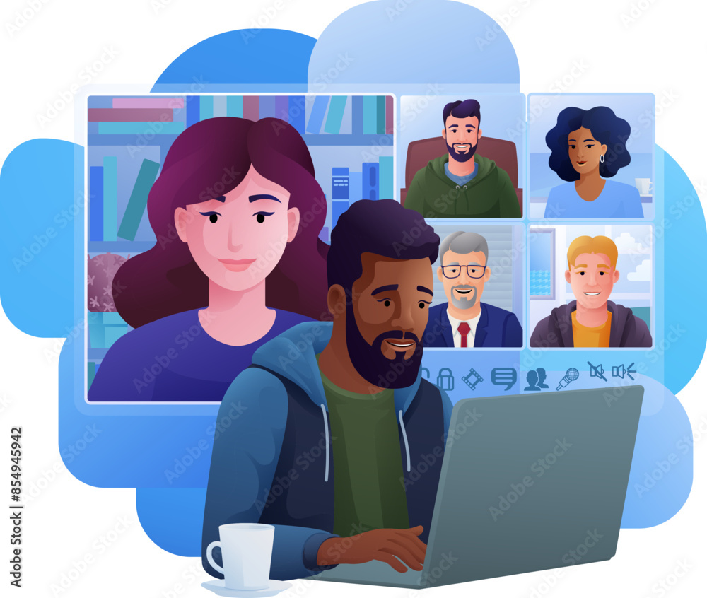 A man, person, conference calling using a laptop computer on an online internet virtual video conference call team meeting. Conferencing concept cartoon illustration. A man, person, conference calling using a laptop computer on an online internet virtual video conference call team meeting. Conferencing concept cartoon illustration.