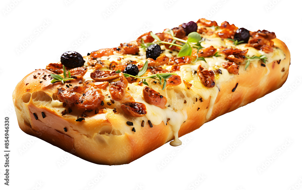 Cheese stick french bread Bread pizza isolated on cut out PNG or transparent background. Baguette baked with chicken, cheese, tomatoes, olives and mushrooms close-up horizontal. European food. Cheese stick french bread Bread pizza isolated on cut out PNG or transparent background. Baguette baked with chicken, cheese, tomatoes, olives and mushrooms close-up horizontal. European food.