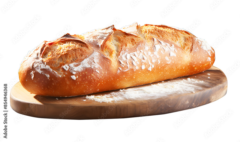 Brown French long stick bread on brown wooden cutting board isolated on cut out PNG or transparent background. Freshly baked baguette Eat with soup, spread with fresh butter, or make sandwich. Brown French long stick bread on brown wooden cutting board isolated on cut out PNG or transparent background. Freshly baked baguette Eat with soup, spread with fresh butter, or make sandwich.