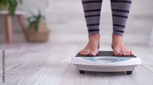 Lose weight. Fat diet and scale feet standing on electronic scales for weight control. Measurement instrument in kilogram for diet photo