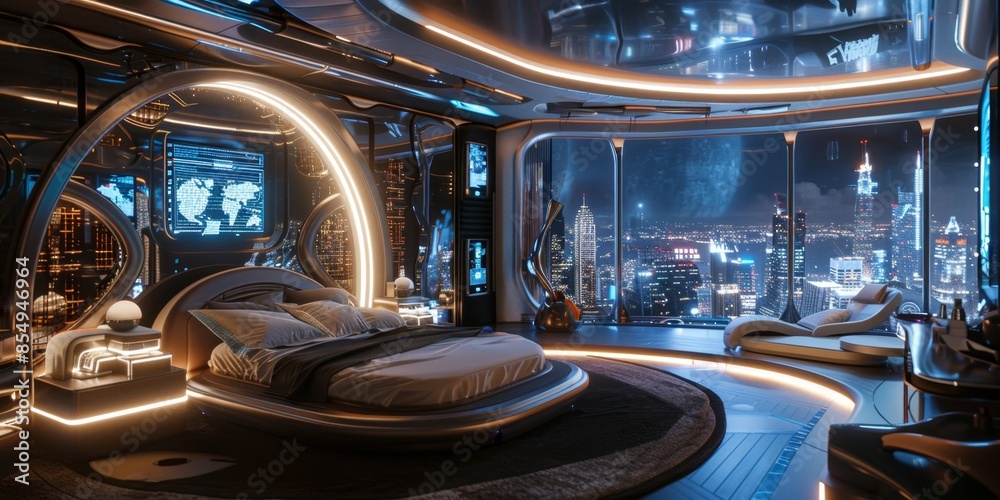 Futuristic Bedroom With Cityscape View at Night