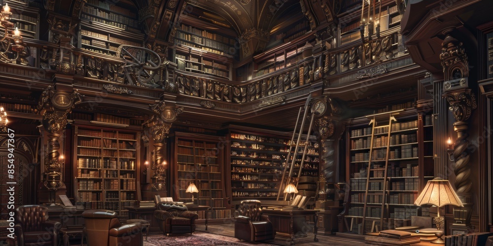 An Ornate Library With Bookshelves and Reading Chairs in a Grand Mansion An Ornate Library With Bookshelves and Reading Chairs in a Grand Mansion