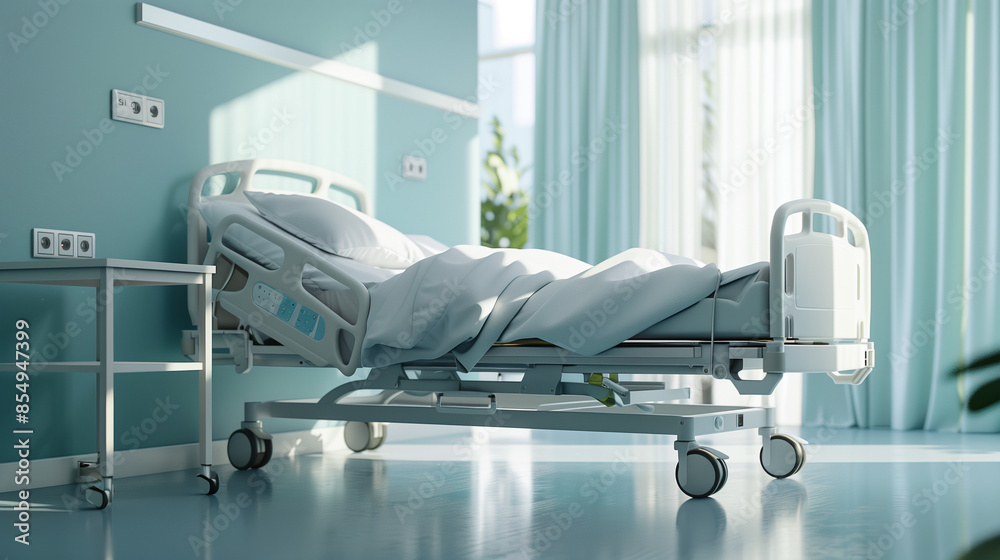 A clean, empty hospital bed in a specially constructed patient room. The room is dominated by cleanliness and functionality, providing the necessary conditions for a quick recovery. A clean, empty hospital bed in a specially constructed patient room. The room is dominated by cleanliness and functionality, providing the necessary conditions for a quick recovery.