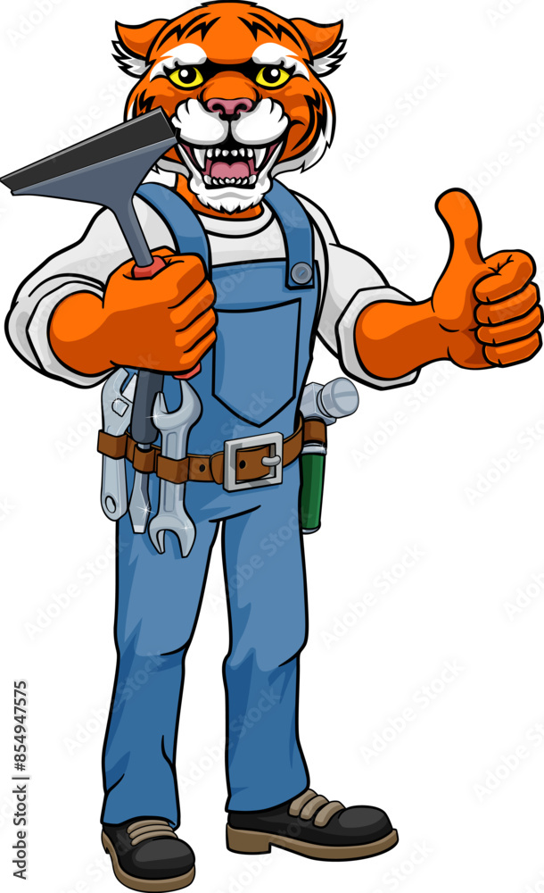 A tiger cartoon mascot car or window cleaner holding a squeegee tool and giving a thumbs up A tiger cartoon mascot car or window cleaner holding a squeegee tool and giving a thumbs up