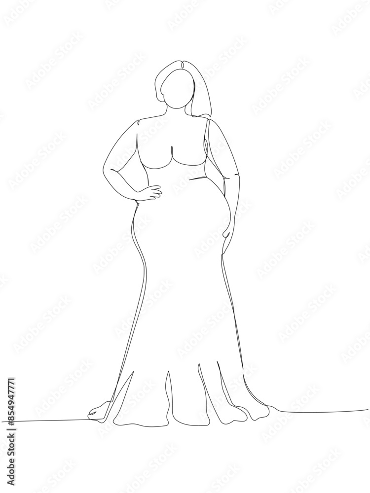 curvy girl in an elegant evening dress, beautiful figure one line art. Continuous line drawing of body positive, overweight, plus size model, XL, health, fashion, self acceptance. curvy girl in an elegant evening dress, beautiful figure one line art. Continuous line drawing of body positive, overweight, plus size model, XL, health, fashion, self acceptance.