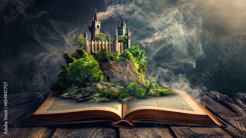 A fantastic world where a castle emerges from an open book. It's as if the pages of the story became reality, revealing a majestic structure to us.