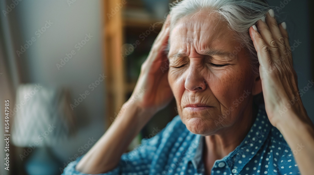 Elderly woman with headache, holding her temples due to migraine. Her face says it all about the intensity of the pain that limits her daily activities and life. Elderly woman with headache, holding her temples due to migraine. Her face says it all about the intensity of the pain that limits her daily activities and life.