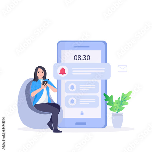 Smartphone with alarm clock reminder message on screen. New notice on the phone. Alert notification with notification bell. Important reminder.