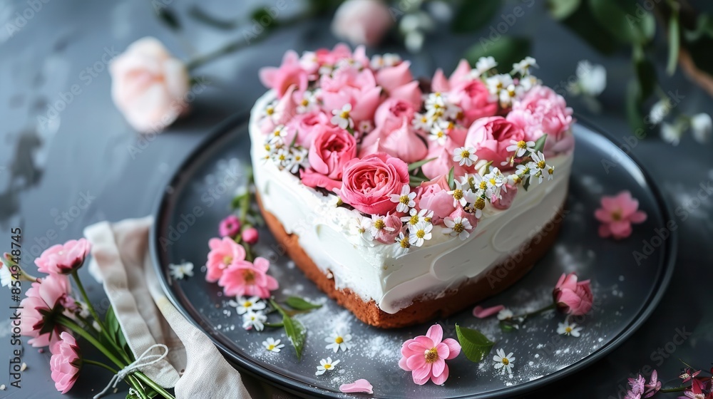 romantic heartshaped cake decorated with luscious frosting and delicate flowers food photography romantic heartshaped cake decorated with luscious frosting and delicate flowers food photography