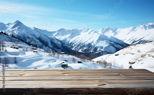 Landscape Empty brown wooden floor or table. Mountain surrounded by snow and fog background. Blue sky with white clouds, bright sunlight. Realistic nature clipart template pattern. photo