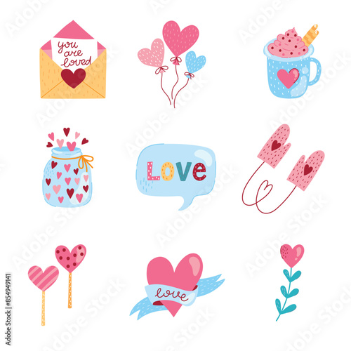 Saint Valentines day love romance colorful cute vector icons set