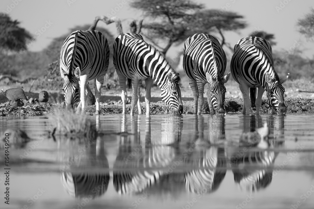 Fototapeta premium black and white picture of a group of drinking zebras