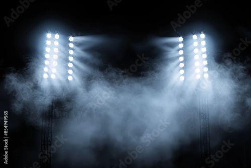 two stadium lights shining through smoke on black background, sports background with fog and lighting effects photo