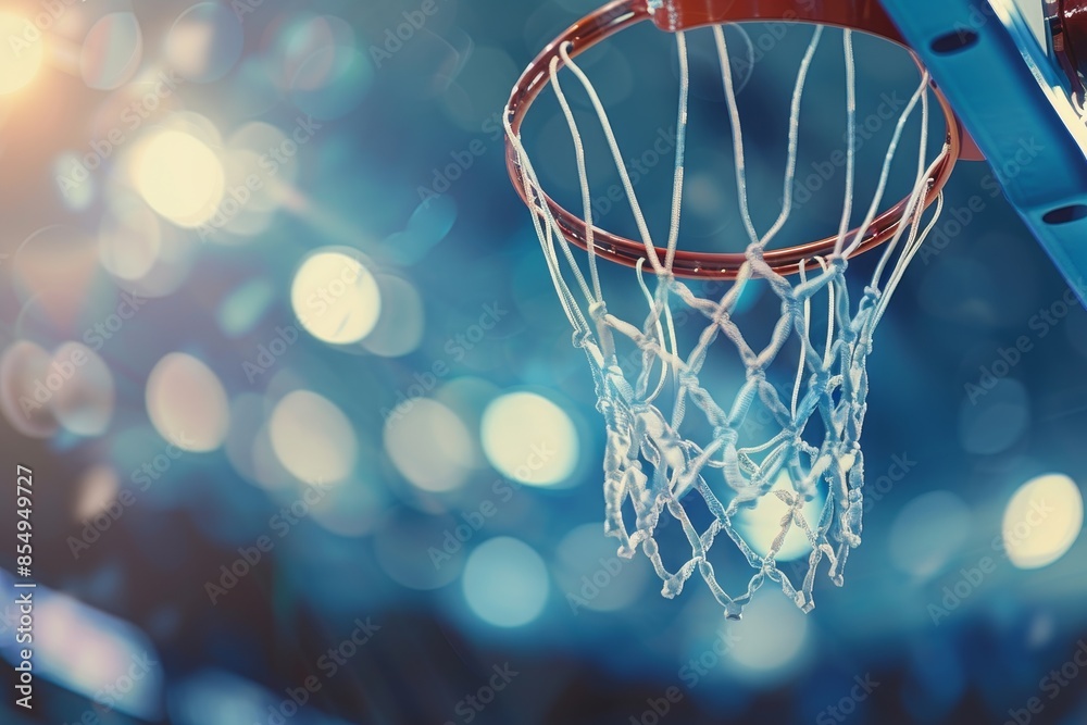 Close-up of a basketball hoop in a stadium with blurred background lights, perfect for sports themes and dynamic compositions. Close-up of a basketball hoop in a stadium with blurred background lights, perfect for sports themes and dynamic compositions.