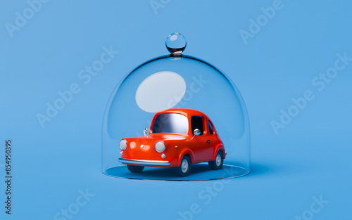 Cute, red car covered with glass cloche