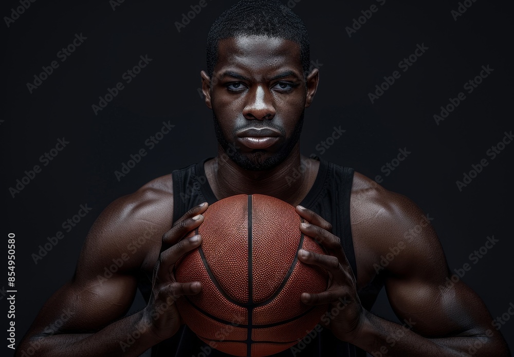 Determined basketball player holding a ball in a dark, dramatic setting. Focus and intensity are evident on his face and muscular build. Determined basketball player holding a ball in a dark, dramatic setting. Focus and intensity are evident on his face and muscular build.