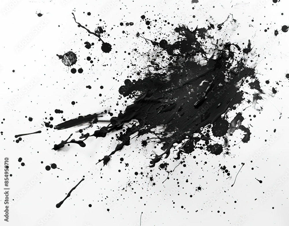 Splash of black ink with strokes and scattered splashes on white background. Chaotic design with dynamic brushstrokes. Ideal for modern art projects, backgrounds and graphic design Splash of black ink with strokes and scattered splashes on white background. Chaotic design with dynamic brushstrokes. Ideal for modern art projects, backgrounds and graphic design