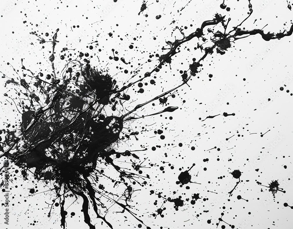 Splash of black ink with strokes and scattered splashes on white background. Chaotic design with dynamic brushstrokes. Ideal for modern art projects, backgrounds and graphic design Splash of black ink with strokes and scattered splashes on white background. Chaotic design with dynamic brushstrokes. Ideal for modern art projects, backgrounds and graphic design