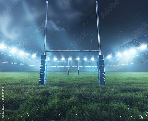 Illuminated rugby field under the night sky with goalposts, ready for the intense match. The stadium lights provide a dramatic backdrop.