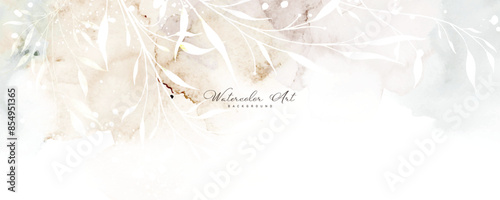 Abstract background with leaves art on watercolor stains