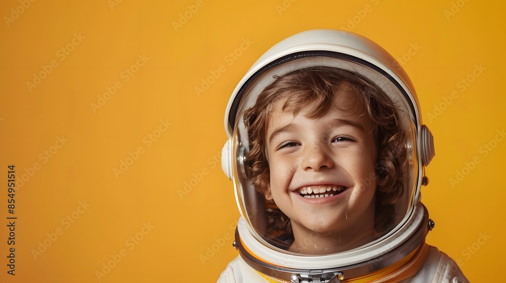 A happy child wearing an astronaut helmet against yellow background, symbolizing space exploration and the future of human emotions in science fiction worlds. A happy child wearing an astronaut helmet against yellow background, symbolizing space exploration and the future of human emotions in science fiction worlds.