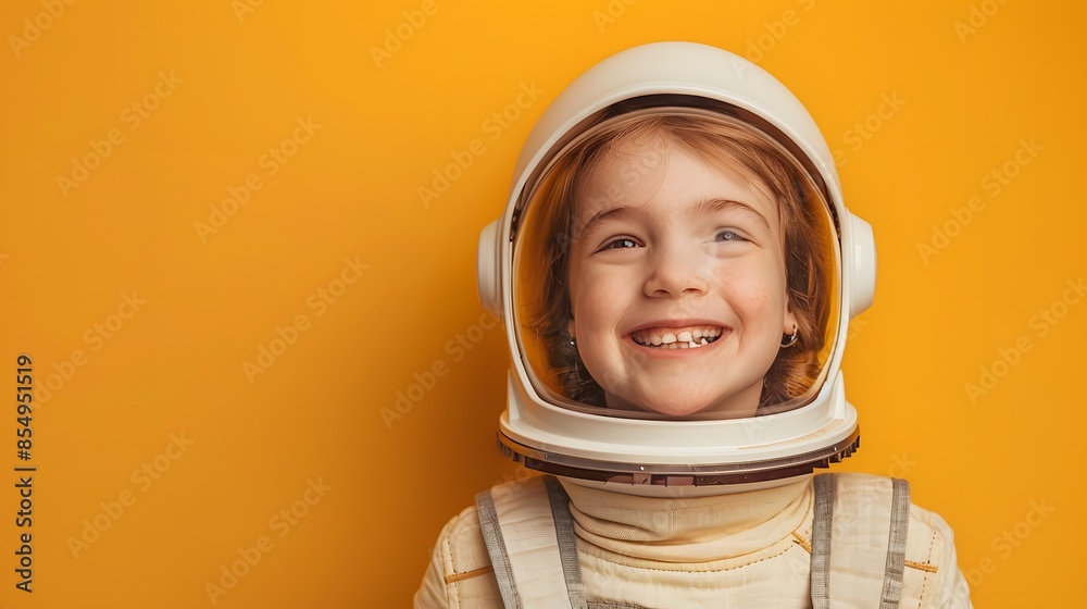 A happy child wearing an astronaut helmet against yellow background, symbolizing space exploration and the future of human emotions in science fiction worlds. A happy child wearing an astronaut helmet against yellow background, symbolizing space exploration and the future of human emotions in science fiction worlds.