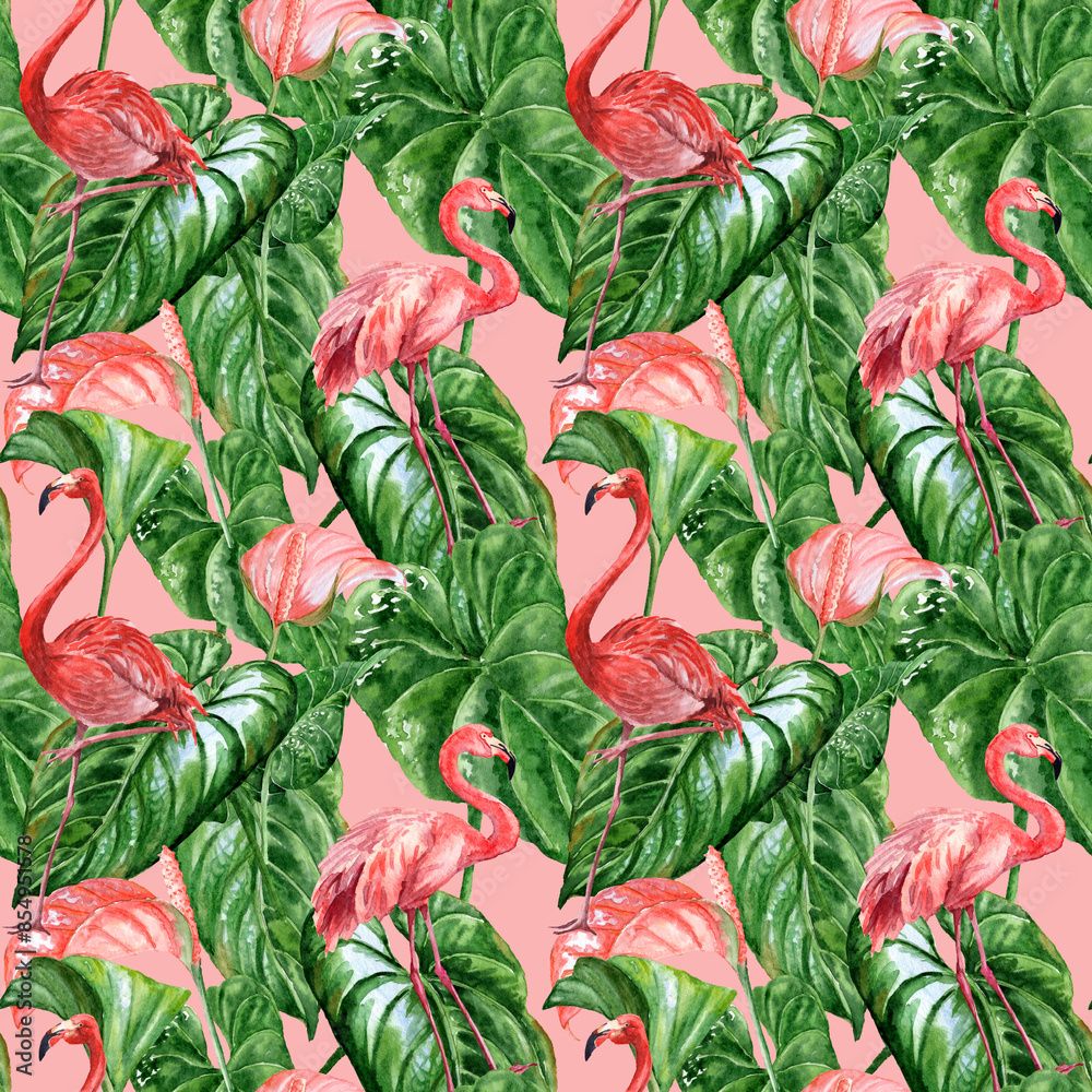 Fototapeta premium Tropical Summertime seamless pattern with Flamingo