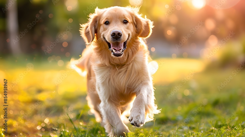 A happy Golden Retriever running on the grass in bright sunlight, with its ears flapping and mouth open for air, creating an adorable scene of joyous playfulness. A happy Golden Retriever running on the grass in bright sunlight, with its ears flapping and mouth open for air, creating an adorable scene of joyous playfulness.