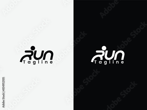 Run typography logo design. Runner logo Run wordmark design. Letter. Font. Sports. Gym. Fitness. Human run. Black and white color