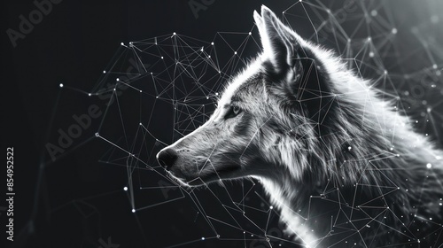 Stylized wolf illustration in black geometric web