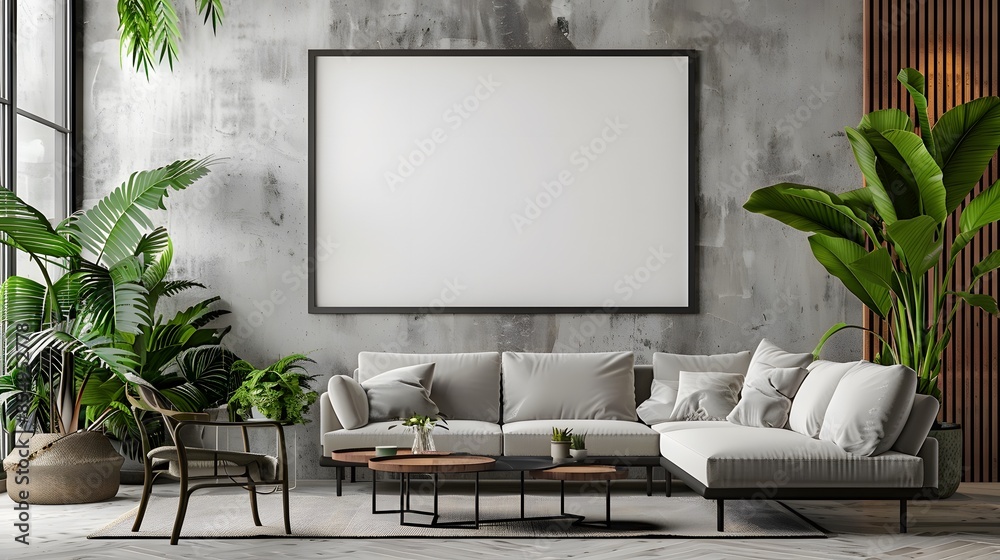 A large blank picture frame hangs on the wall of an empty modern living room. Plants and furniture surround it. The background is white. A large blank picture frame hangs on the wall of an empty modern living room. Plants and furniture surround it. The background is white.