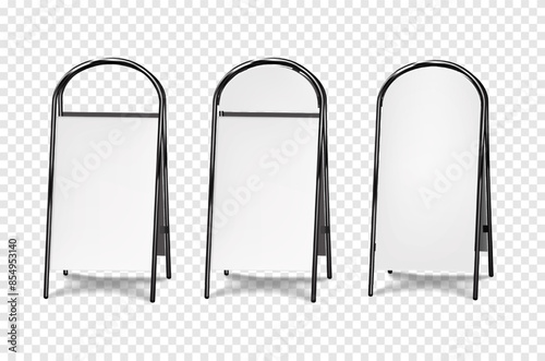 Sandwich white board, floor double sided easel banner. Vector mock-up set. Blank A-frame advertising display. Mockup. Black metal frame outdoor sidewalk sign. Template for design