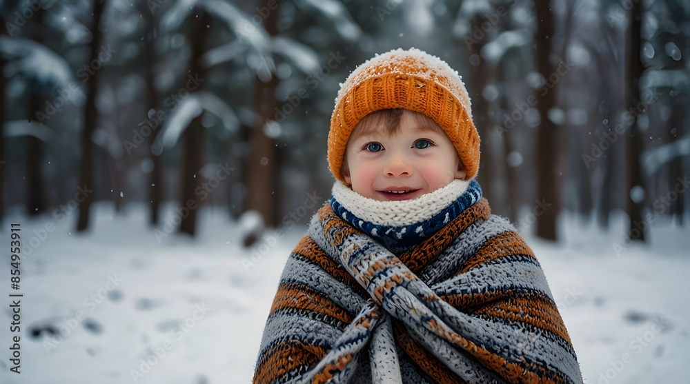 Funny frozen little boy in warm hat wrapped in wool blanked.generative.ai Funny frozen little boy in warm hat wrapped in wool blanked.generative.ai