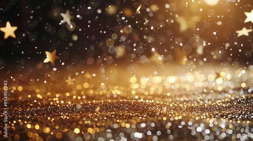Naklejka premium shimmering golden sequin floor with glittering star confetti and white particles on holiday background abstract glitter texture