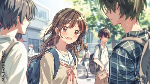 shy anime girl trying to befriend male classmates digital manga illustration photo