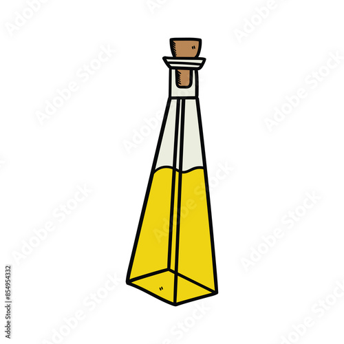 Hand drawn cartoon olive oil bottle on white background.