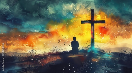 silhouette of man praying before illuminated cross spiritual digital watercolor painting