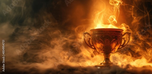 Flaming Trophy in Smoke Symbol of Victory, Achievement, and Glory.