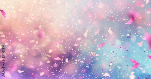 Falling confetti on pastel background, abstract background with pink and gold particle. Golden light shine particles Bokeh on navy blue background, celebration concept
