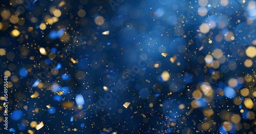 Falling confetti on blue background, abstract background with dark blue and gold particle. Golden light shine particles Bokeh on navy blue background, celebration concept